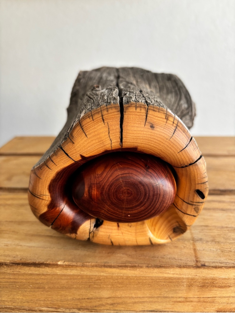 Hand Carved Log Jewelry Box Vintage Cedar Wood Hidden Drawer Stash Box Folk Art